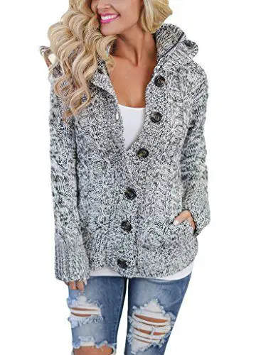 Sidefeel Women Hooded Knit Cardigans Button Cable Sweater Coat